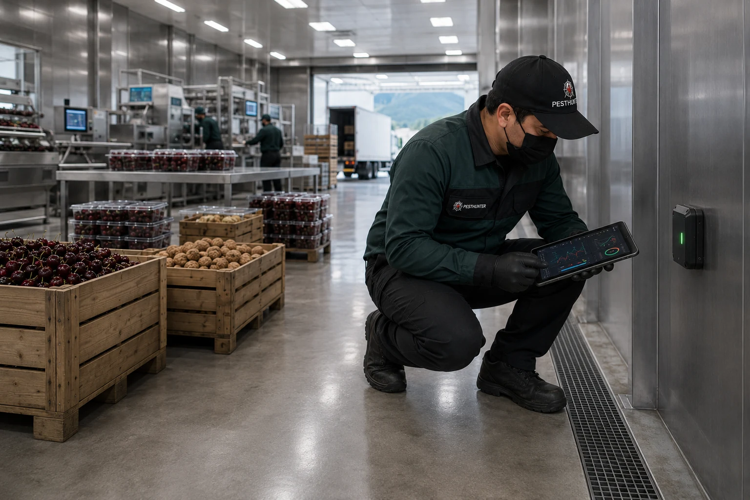 Técnico PestHunter revisando un sistema de monitoreo en una planta de alimentos
