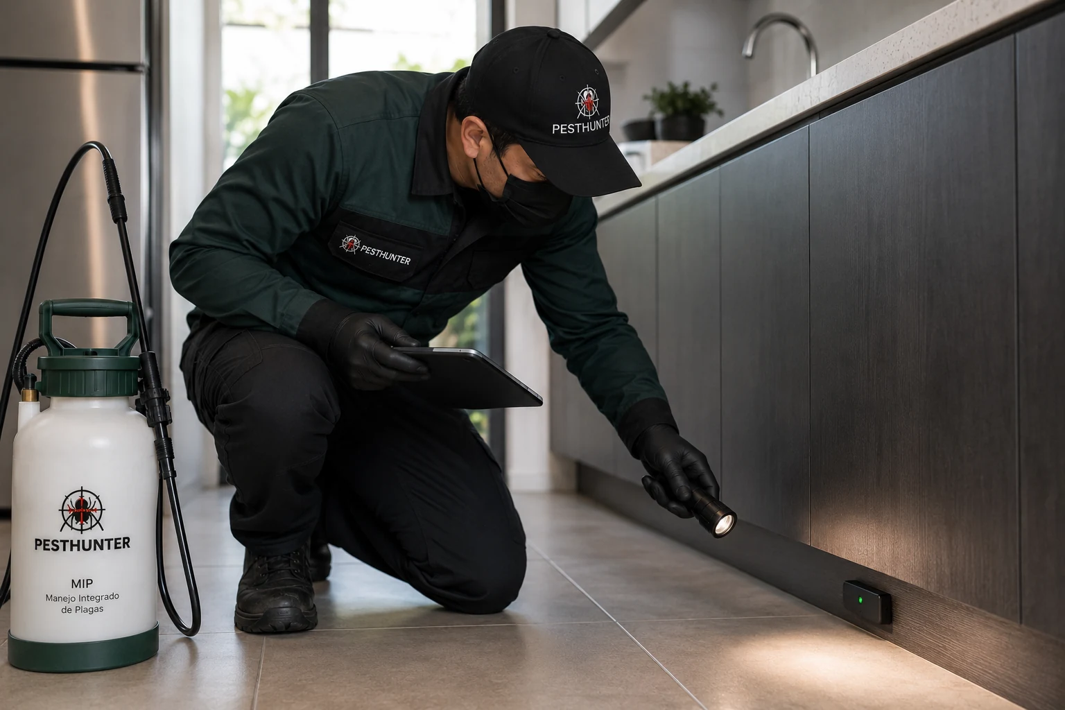 Técnico PestHunter realizando una inspección preventiva en una cocina